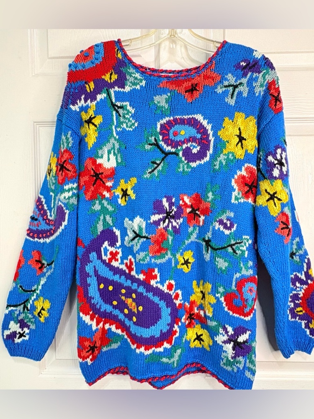Vintage 90s Heirlooms Handknit Women’s Floral Paisley Pullover Tunic Sweater LG